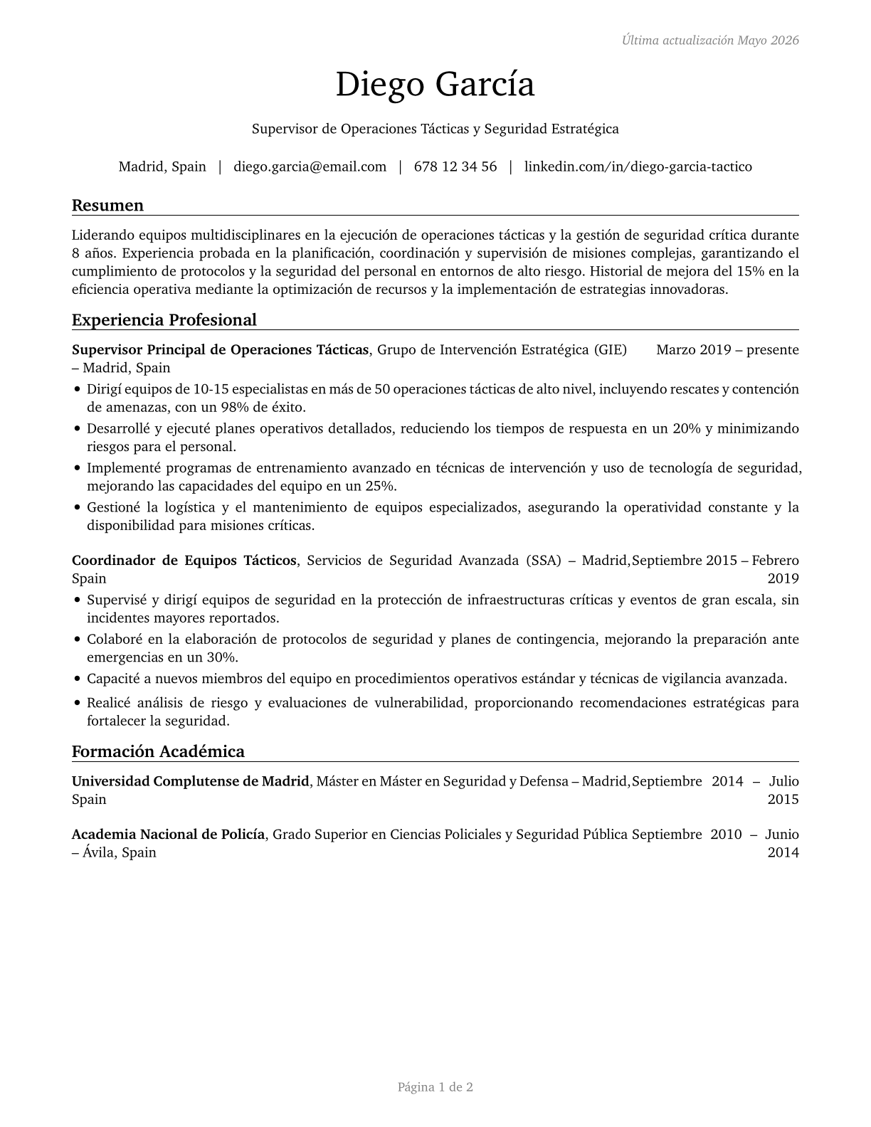 First-Line Supervisors of All Other Tactical Operations Specialists CV in Spanish — page 1