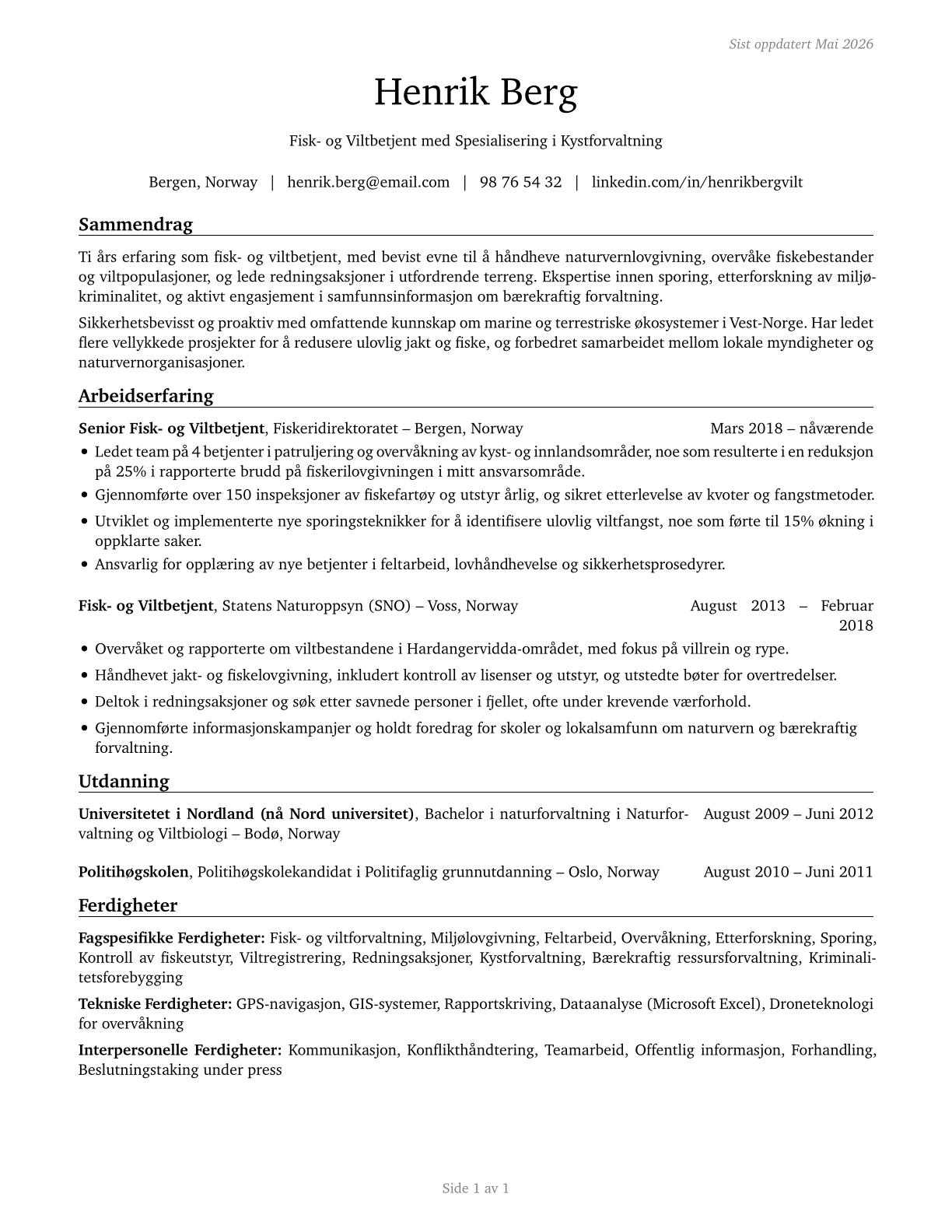 Fish and Game Wardens CV in Norwegian_bokmal — page 1