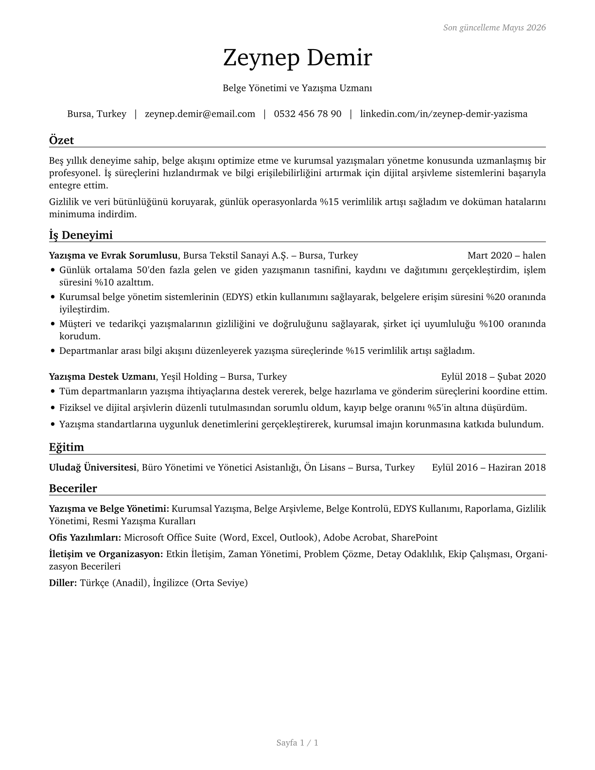 Correspondence Clerks CV in Turkish — page 1