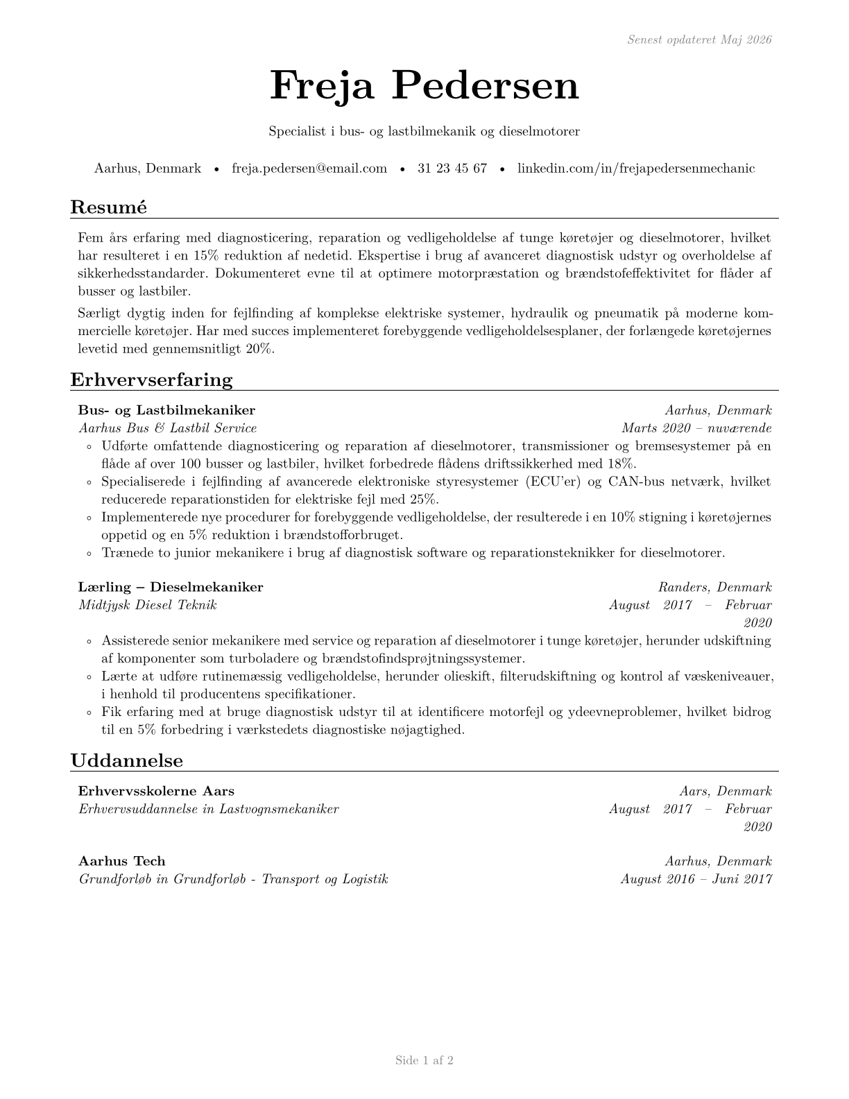 Bus and Truck Mechanics and Diesel Engine Specialists CV in Danish — page 1