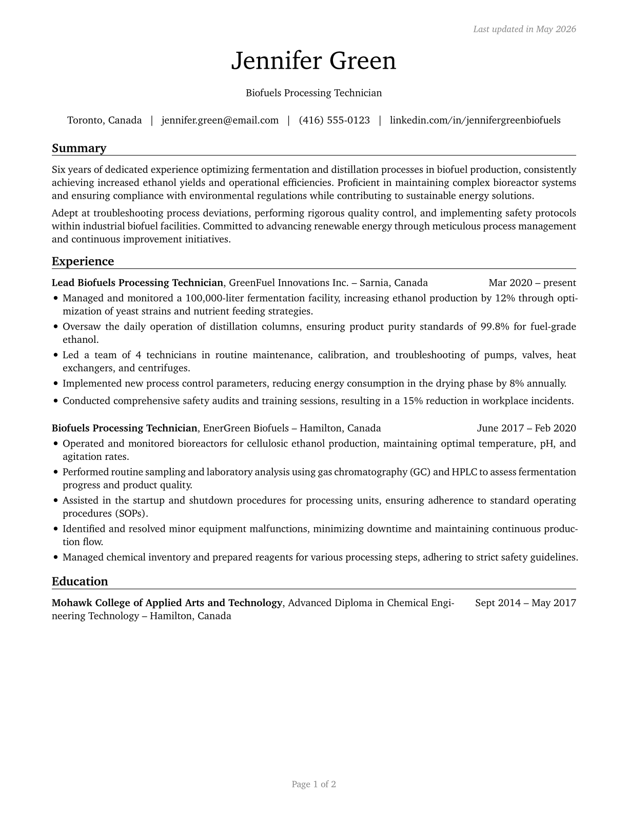 Biofuels Processing Technicians CV in English — page 1