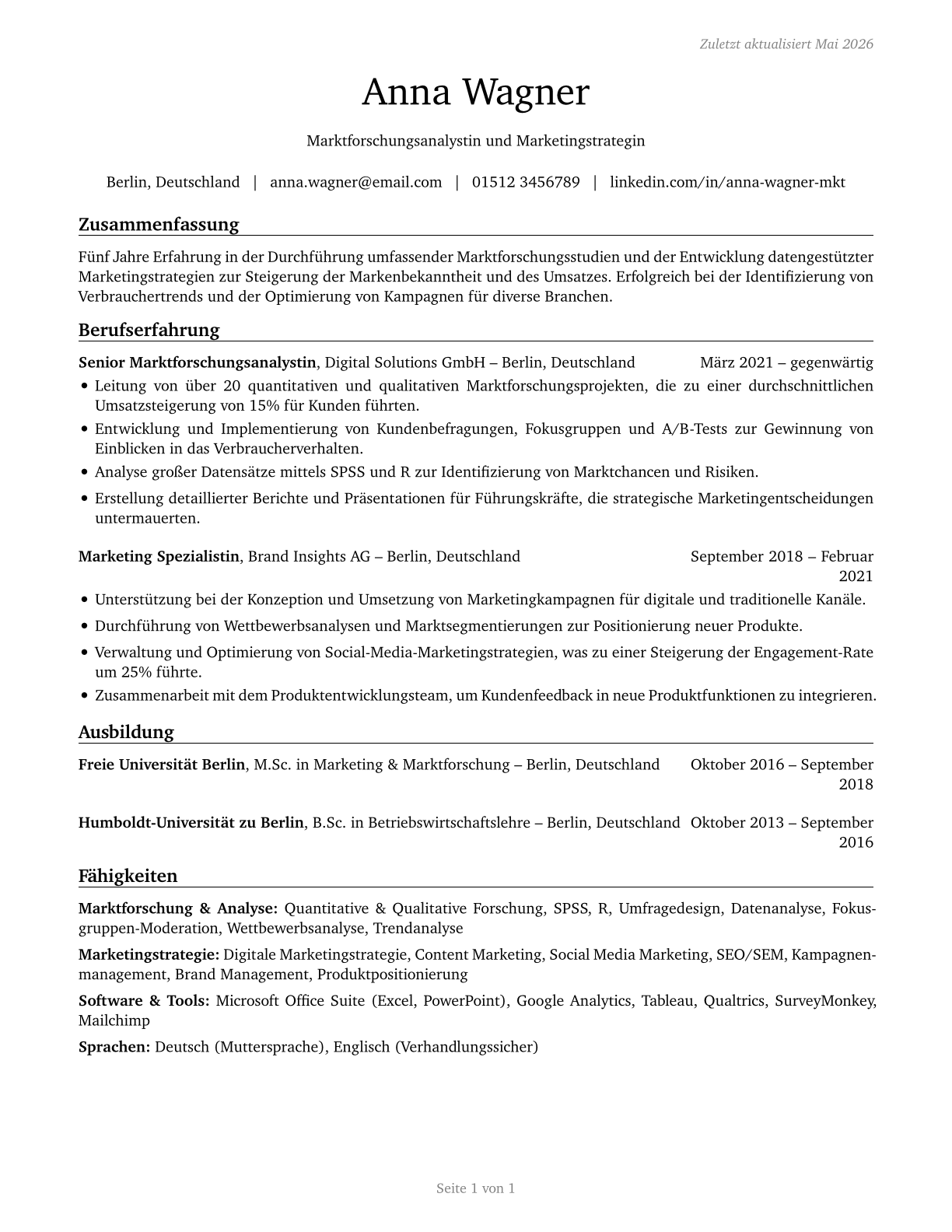 Market Research Analysts and Marketing Specialists CV in German — page 1