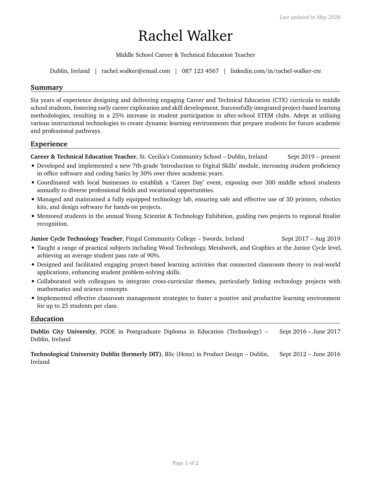 Career/Technical Education Teachers, Middle School CV in English — page 1