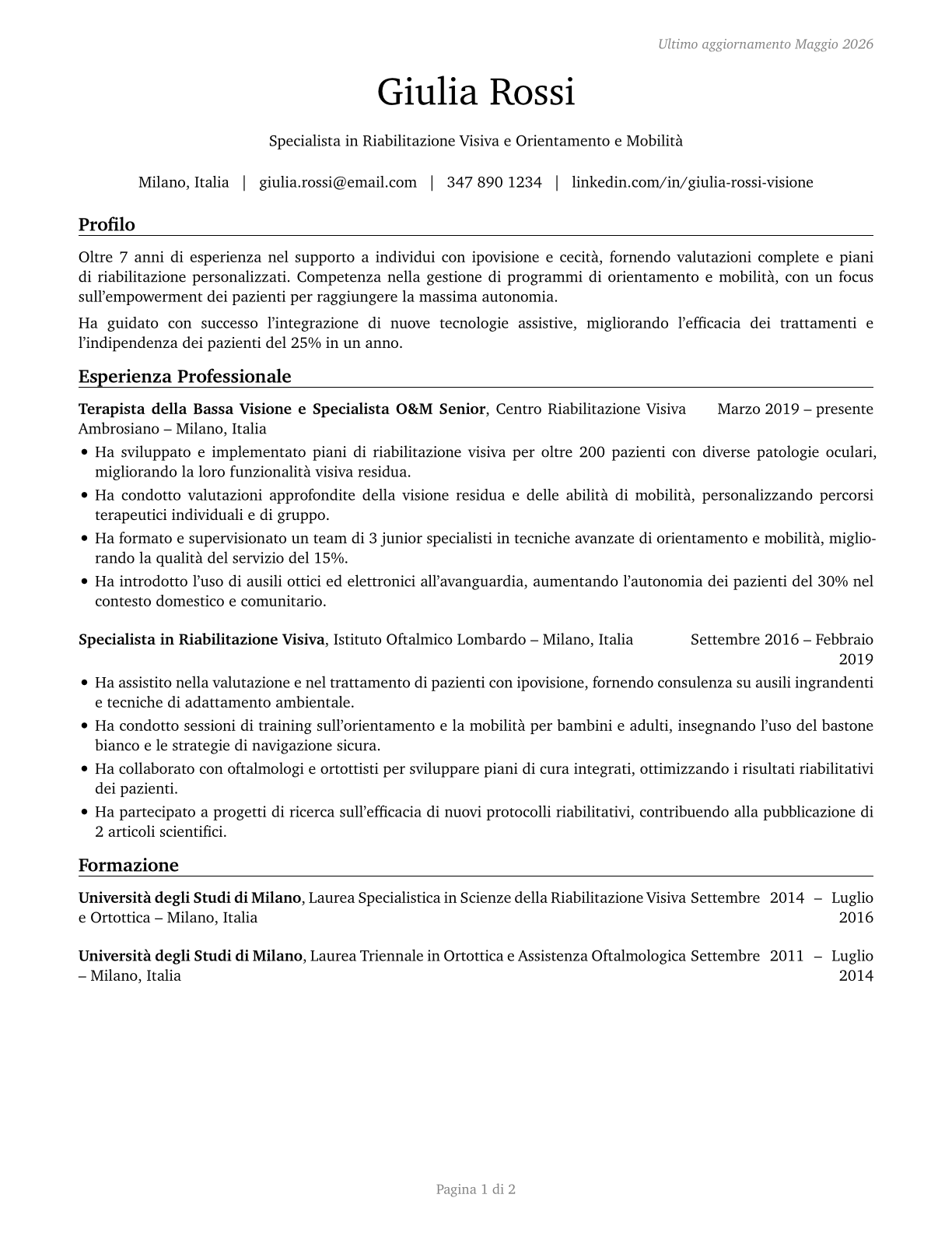 Low Vision Therapists, Orientation and Mobility Specialists, and Vision Rehabilitation Therapists CV in Italian — page 1