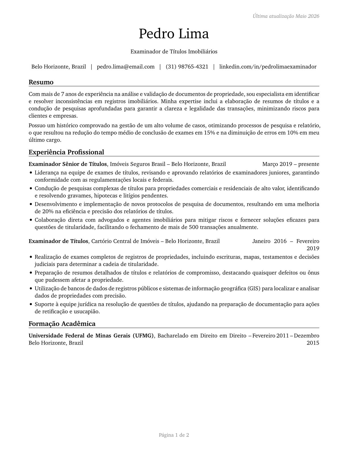 Title Examiners, Abstractors, and Searchers CV in Portuguese — page 1