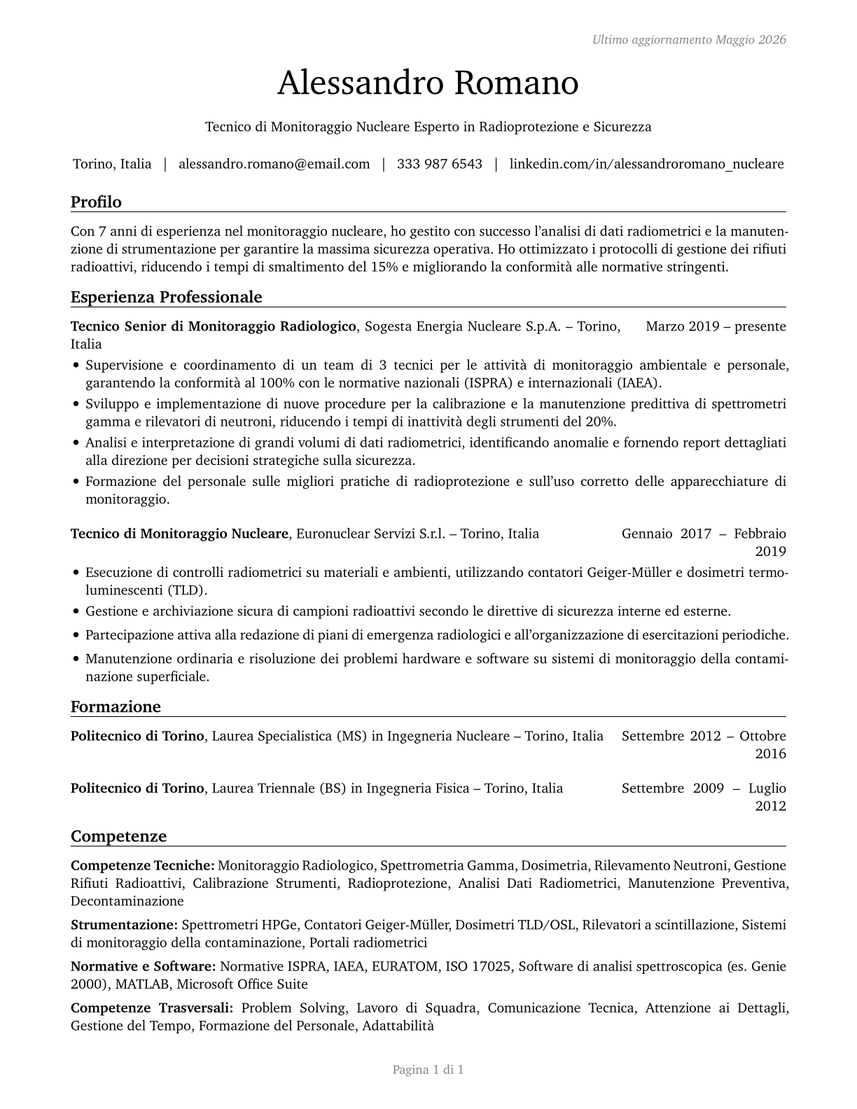 Nuclear Monitoring Technicians CV in Italian — page 1