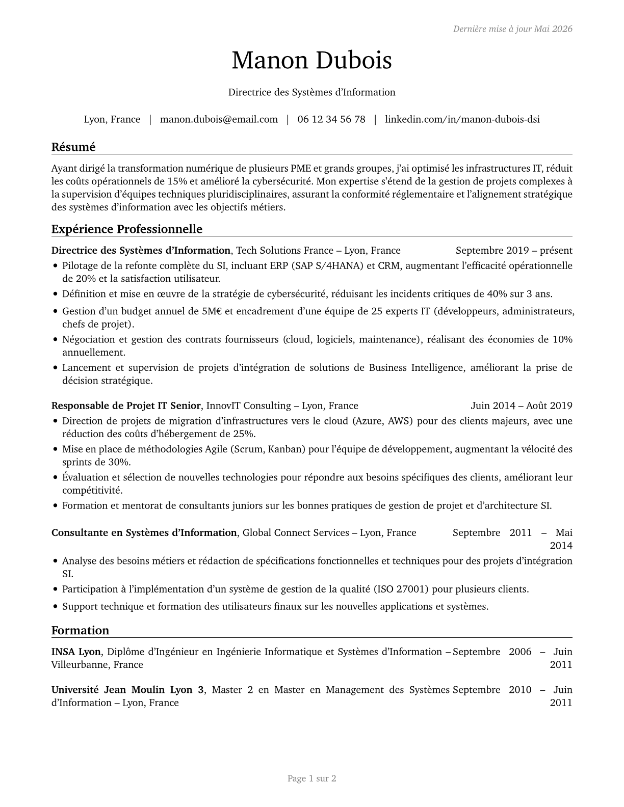 Computer and Information Systems Managers CV in French — page 1