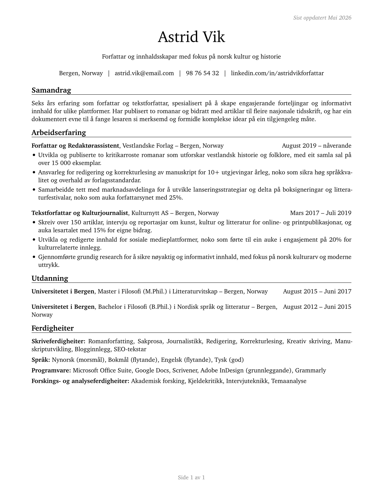 Writers and Authors CV in Norwegian_nynorsk — page 1