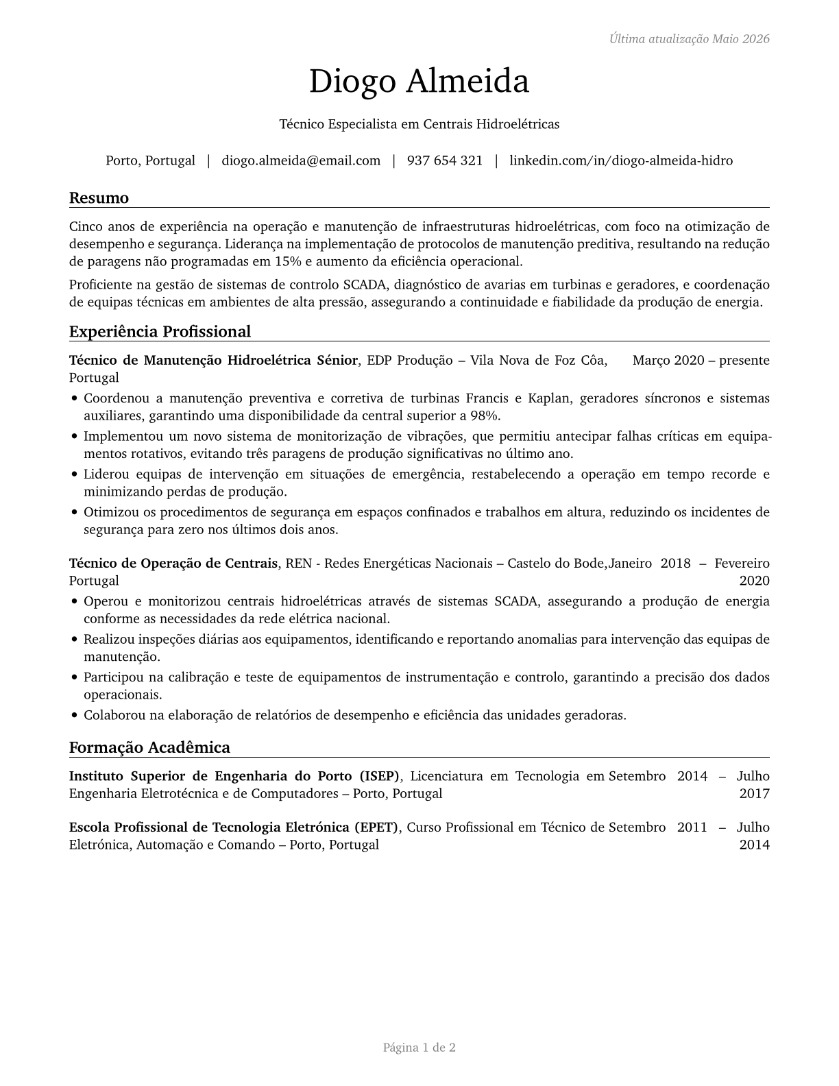 Hydroelectric Plant Technicians CV in Portuguese — page 1