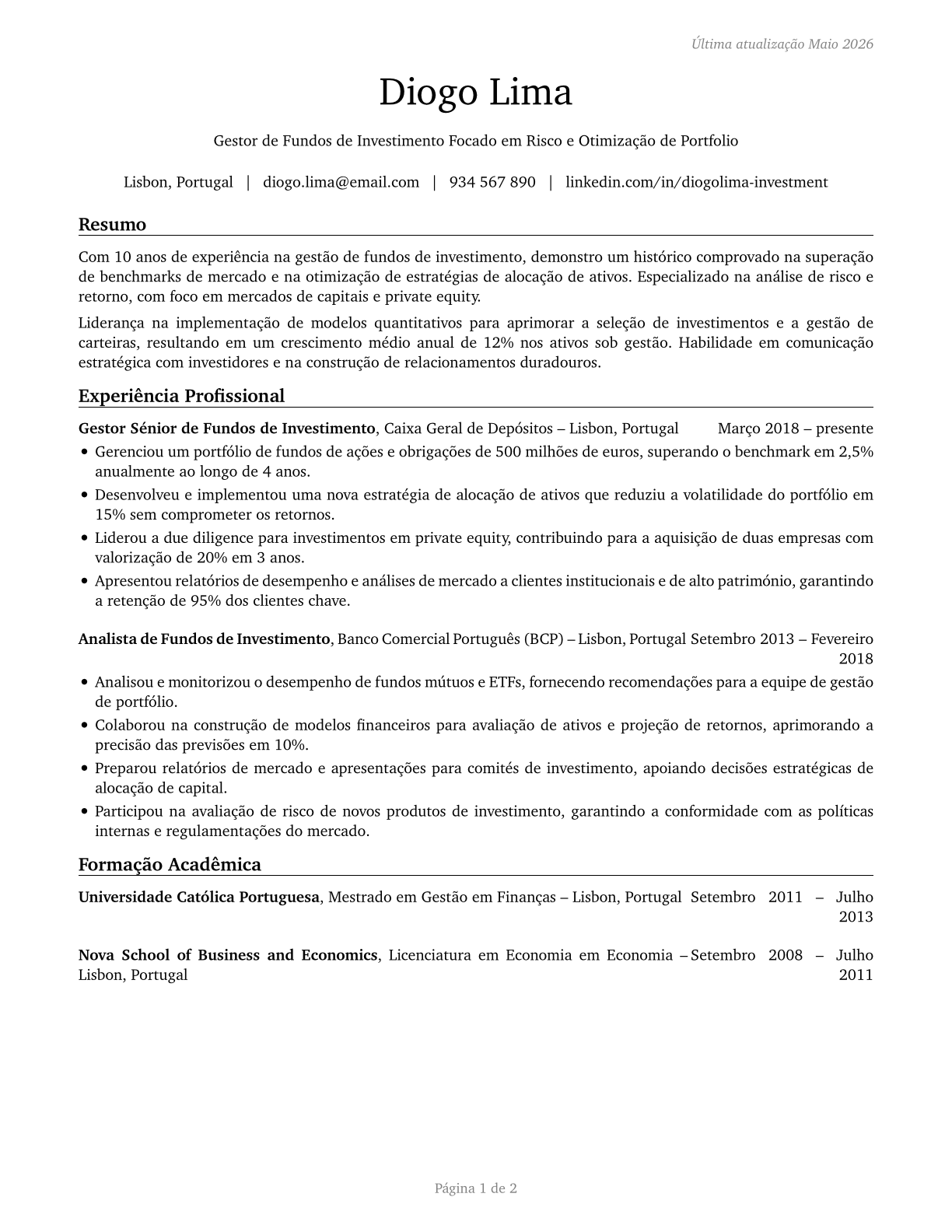 Investment Fund Managers CV in Portuguese — page 1