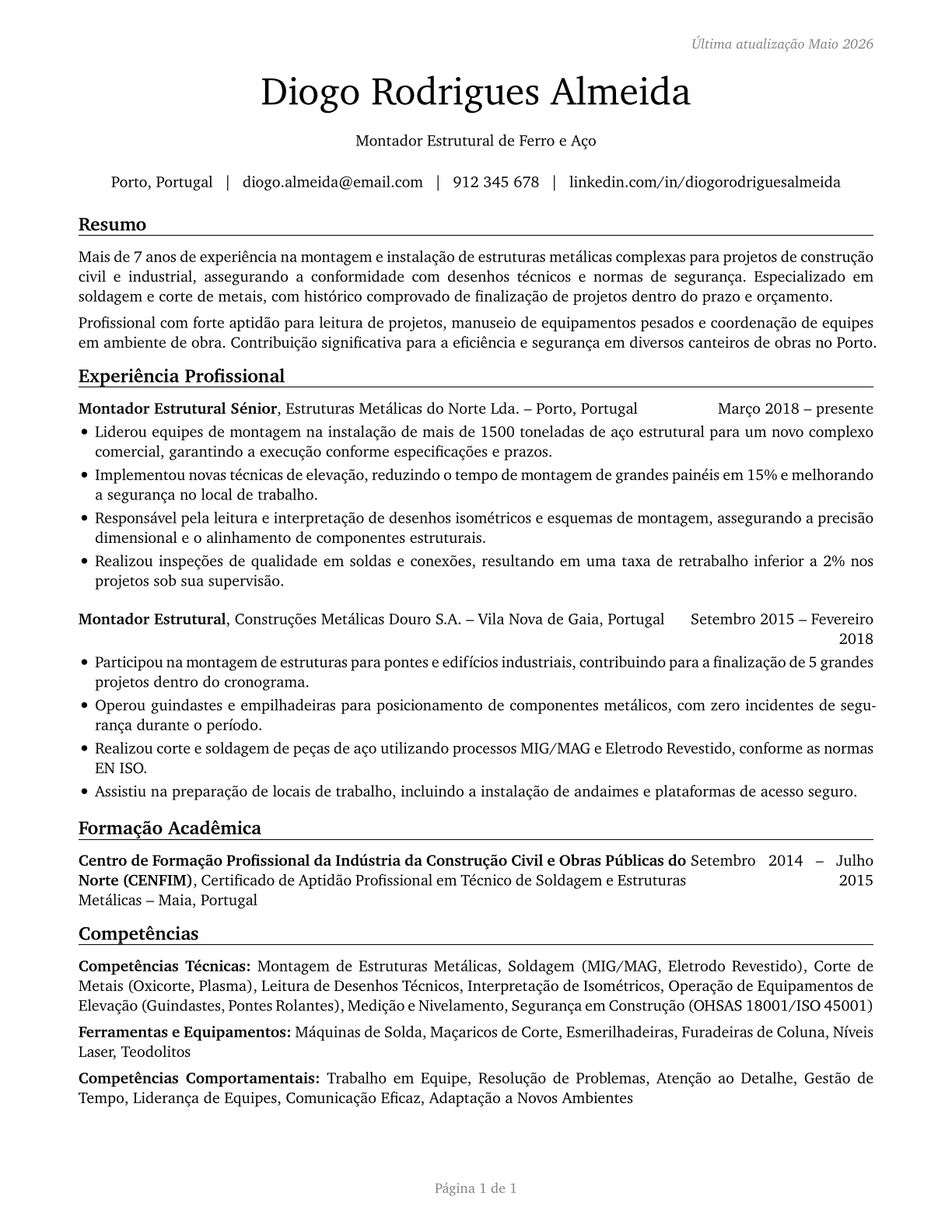 Structural Iron and Steel Workers CV in Portuguese — page 1