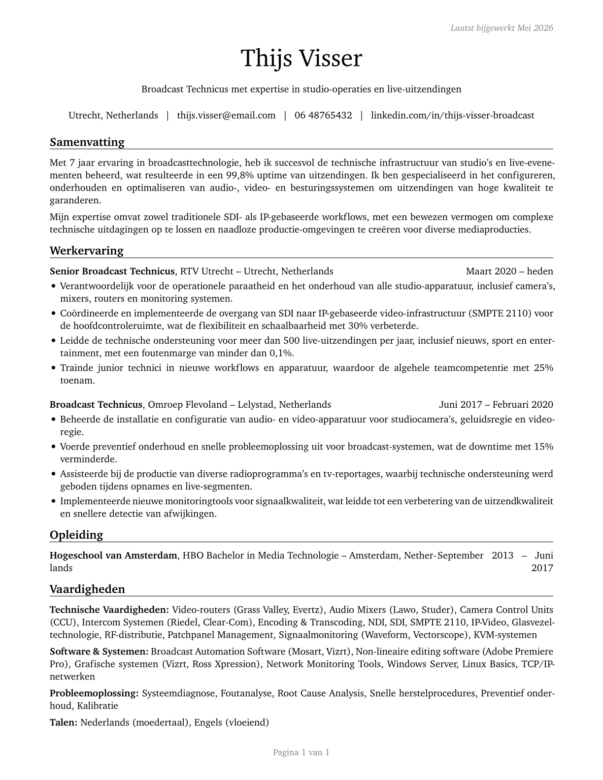 Broadcast Technicians CV in Dutch — page 1