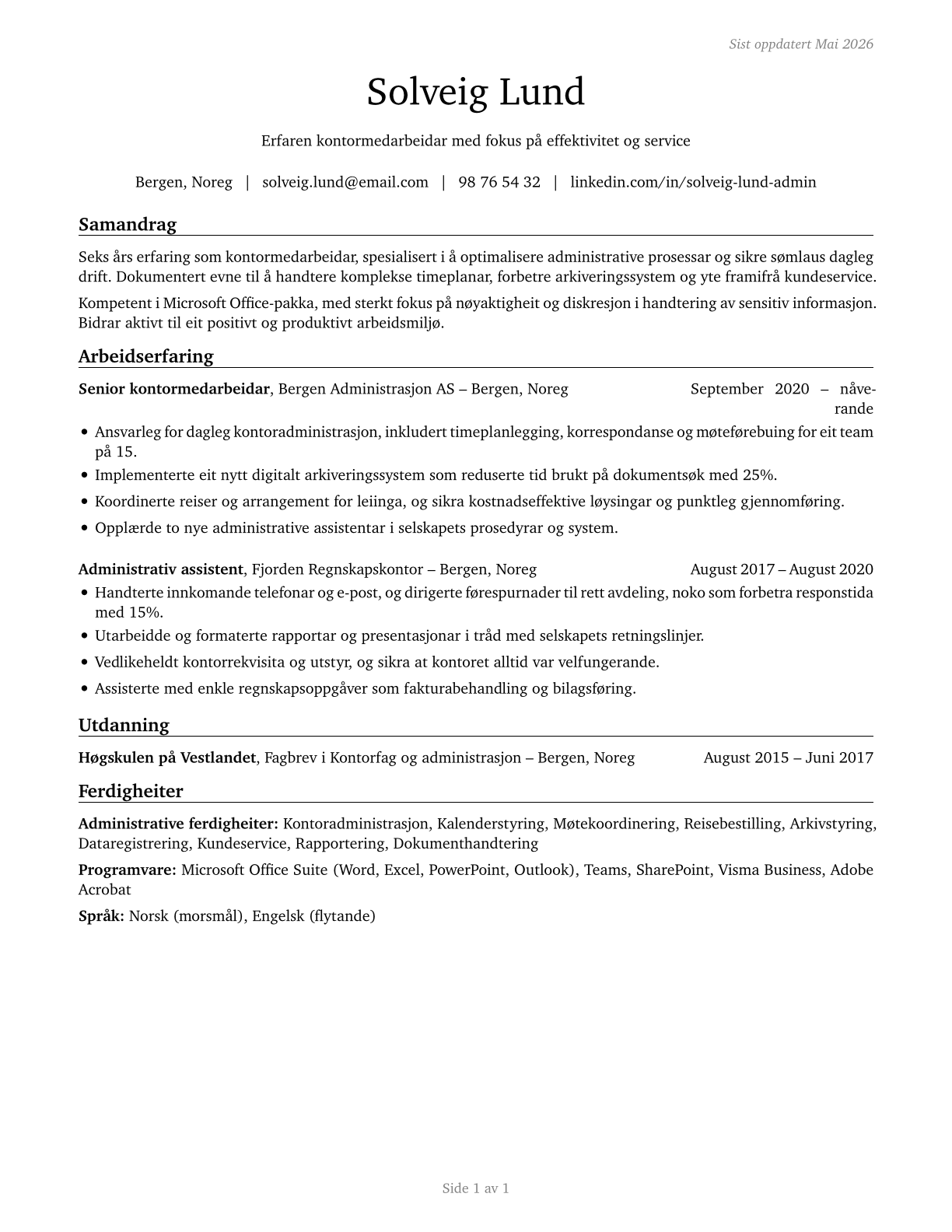Secretaries and Administrative Assistants, Except Legal, Medical, and Executive CV in Norwegian_nynorsk — page 1