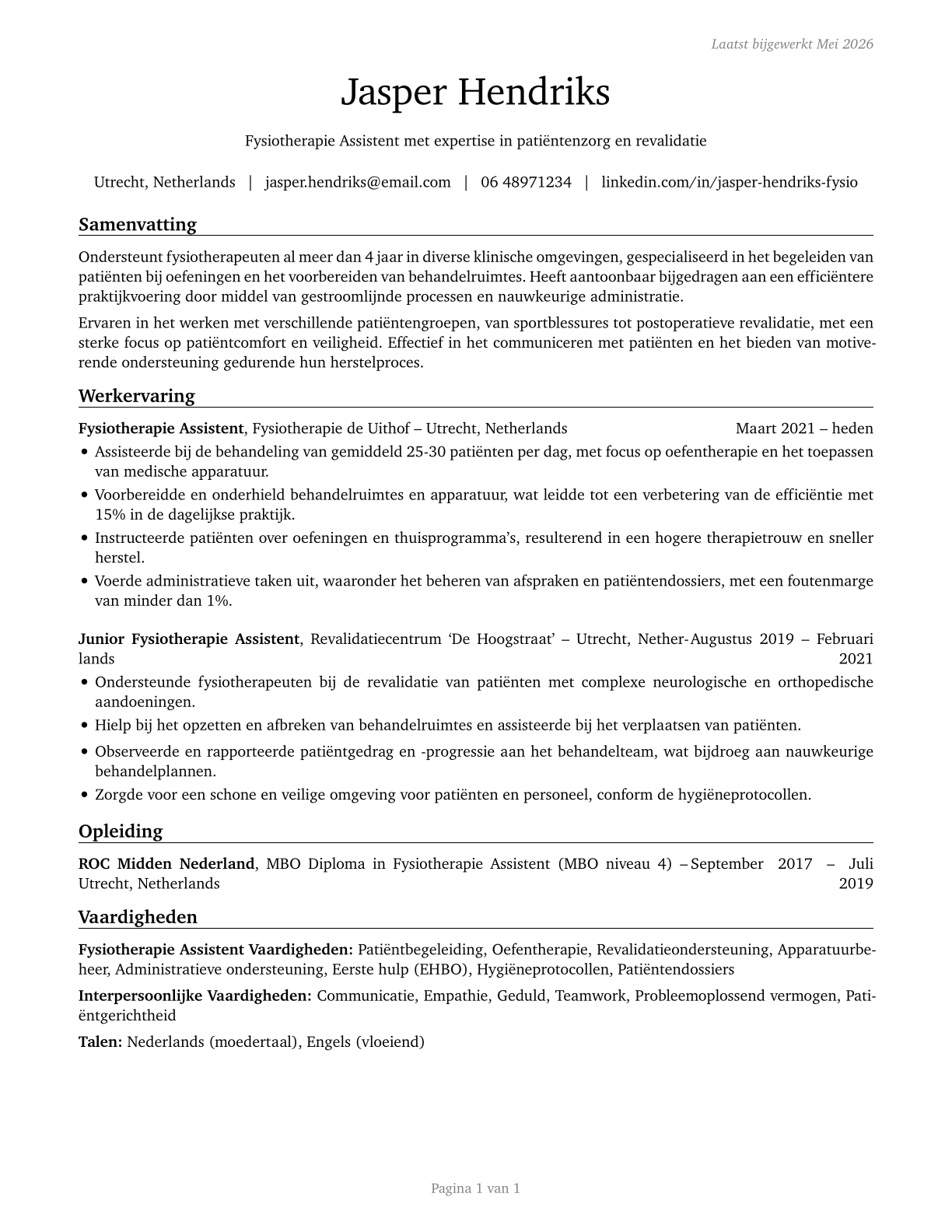 Physical Therapist Aides CV in Dutch — page 1