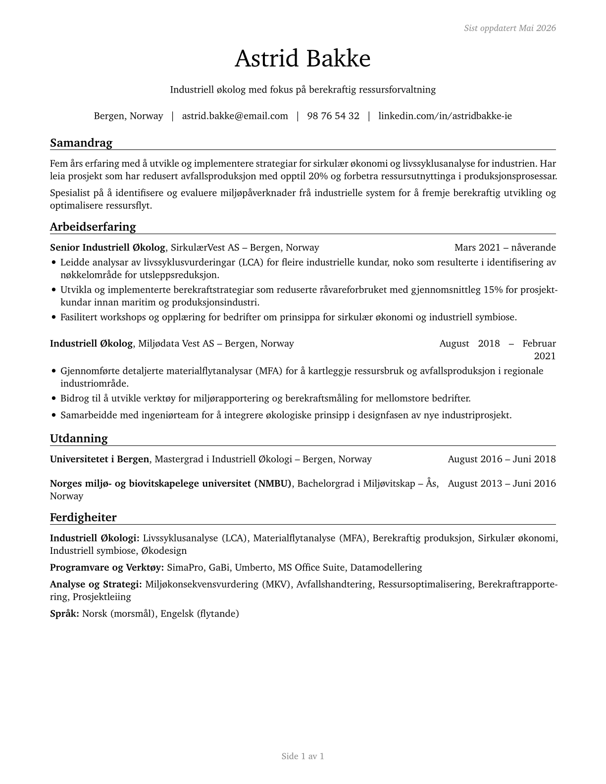 Industrial Ecologists CV in Norwegian_nynorsk — page 1