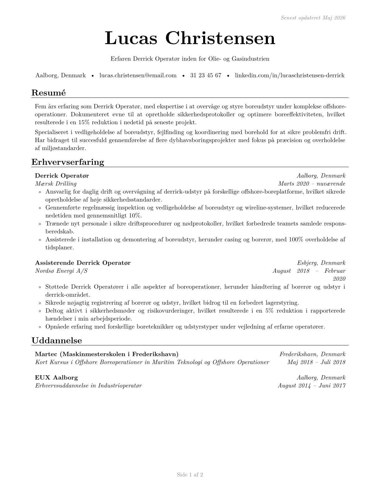 Derrick Operators, Oil and Gas CV in Danish — page 1