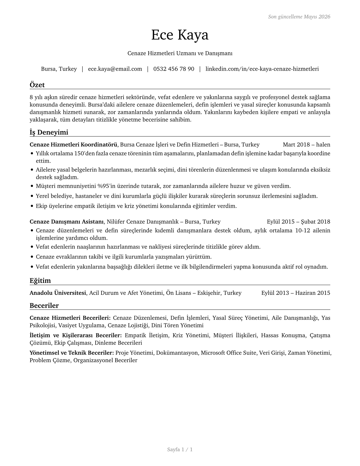 Morticians, Undertakers, and Funeral Arrangers CV in Turkish — page 1