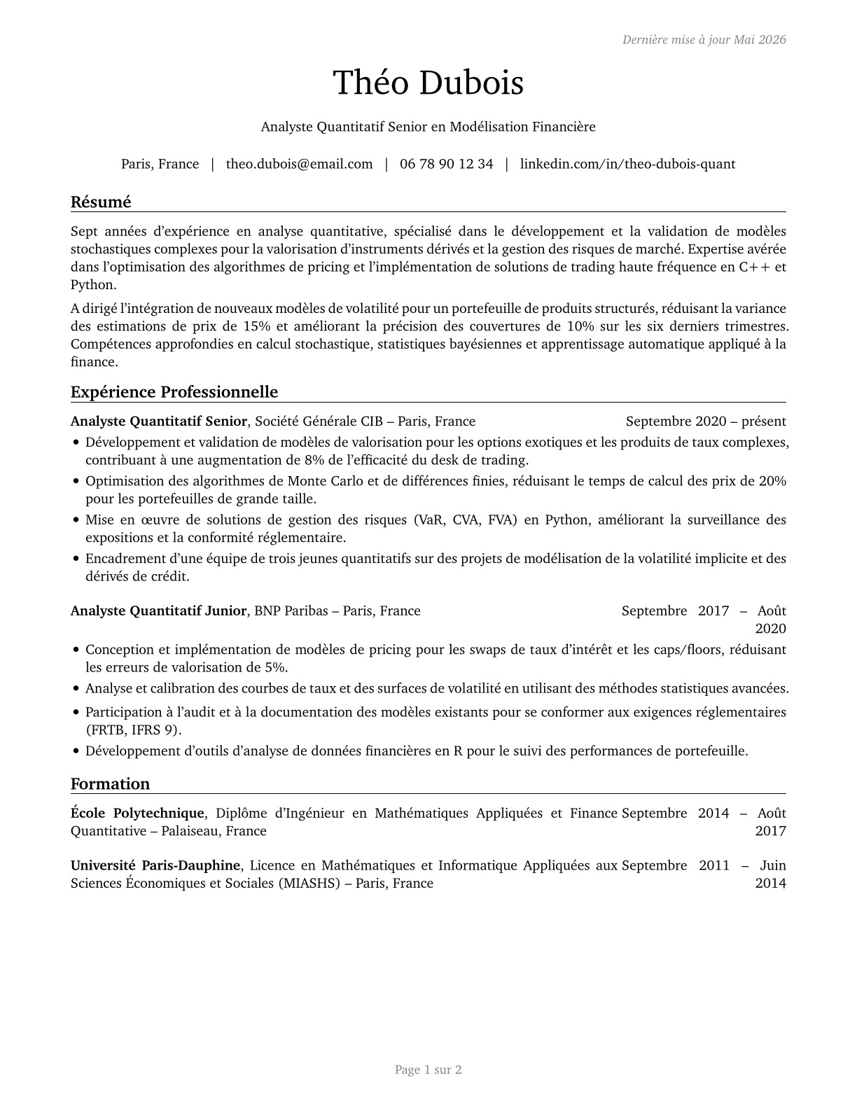 Financial Quantitative Analysts CV in French — page 1