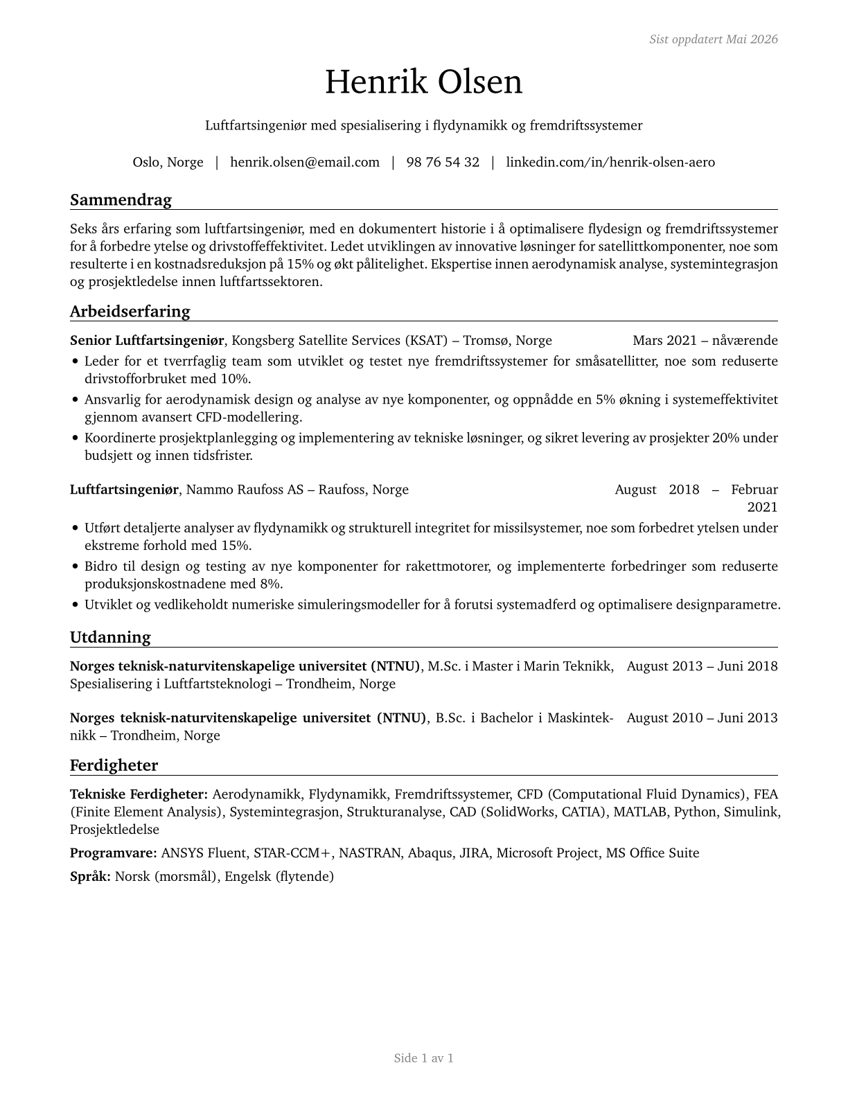 Aerospace Engineers CV in Norwegian_bokmal — page 1