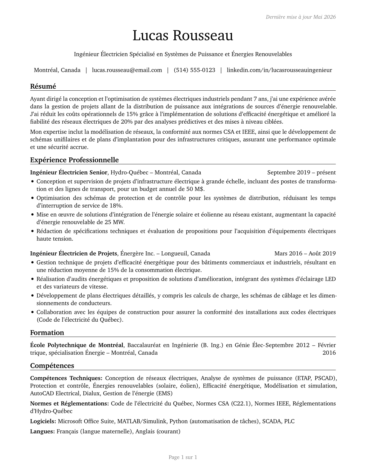 Electrical Engineers CV in French — page 1