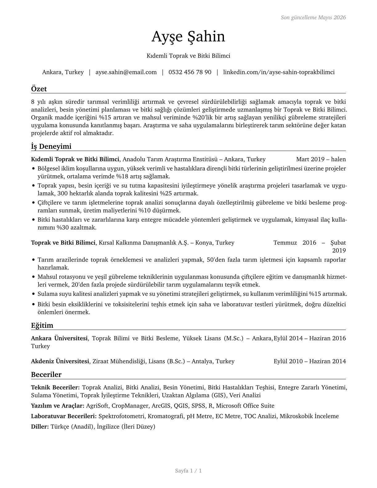 Soil and Plant Scientists CV in Turkish — page 1