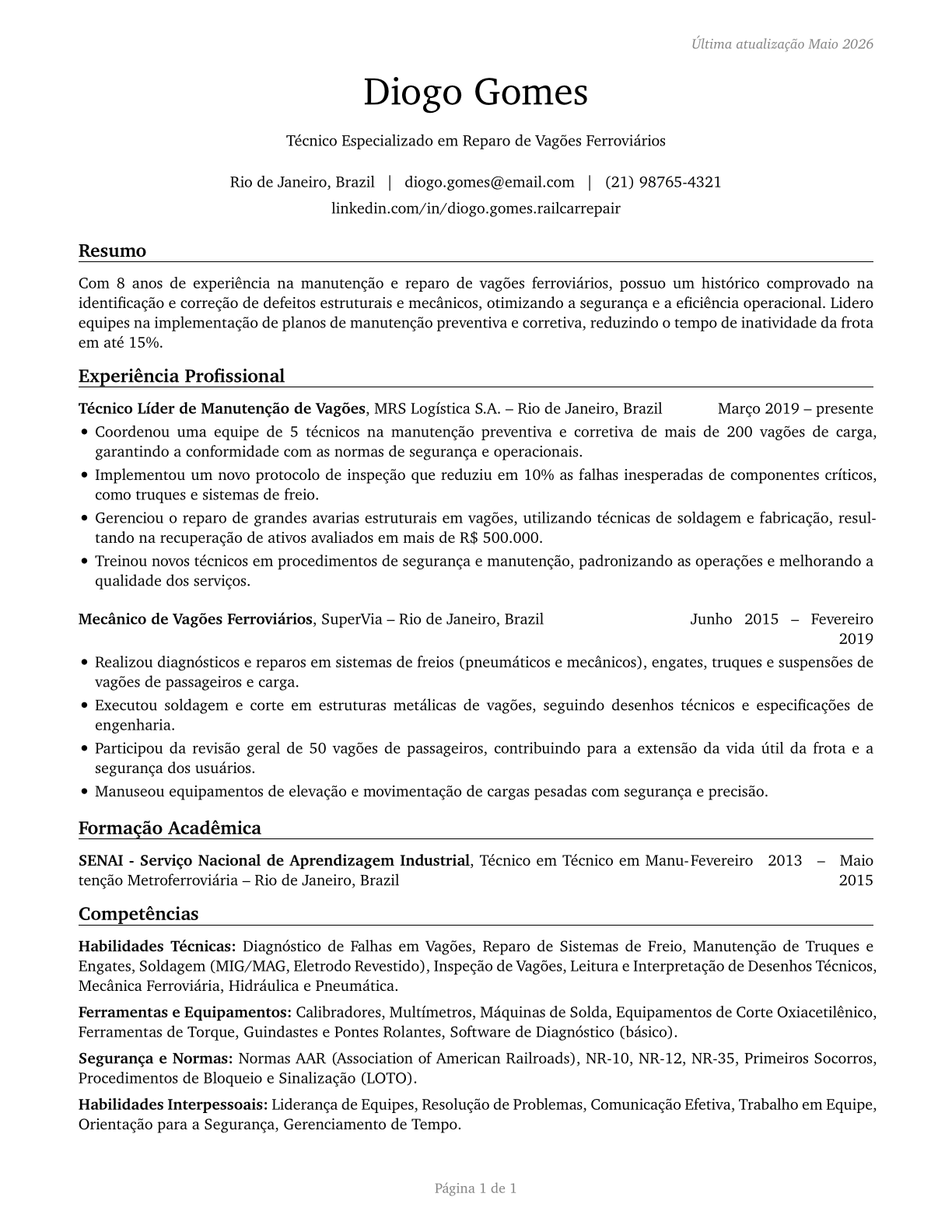 Rail Car Repairers CV in Portuguese — page 1