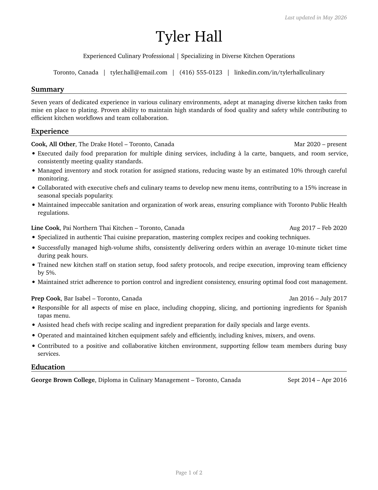 Cooks, All Other CV in English — page 1