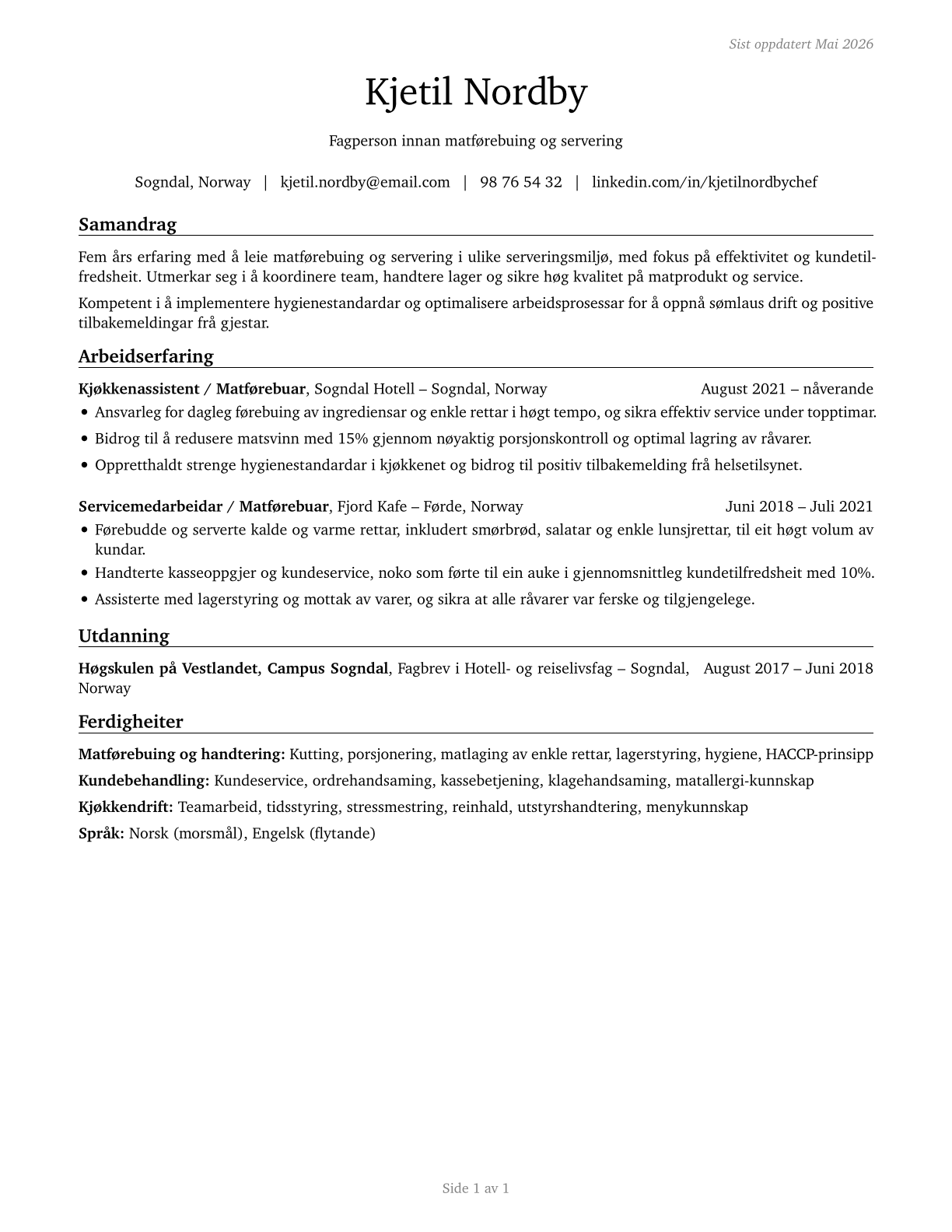 Food Preparation and Serving Related Workers, All Other CV in Norwegian_nynorsk — page 1