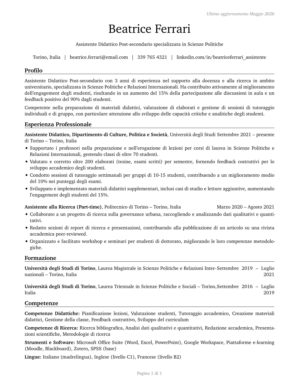 Teaching Assistants, Postsecondary CV in Italian — page 1