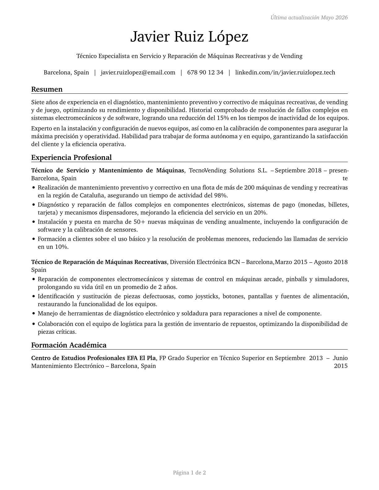 Coin, Vending, and Amusement Machine Servicers and Repairers CV in Spanish — page 1
