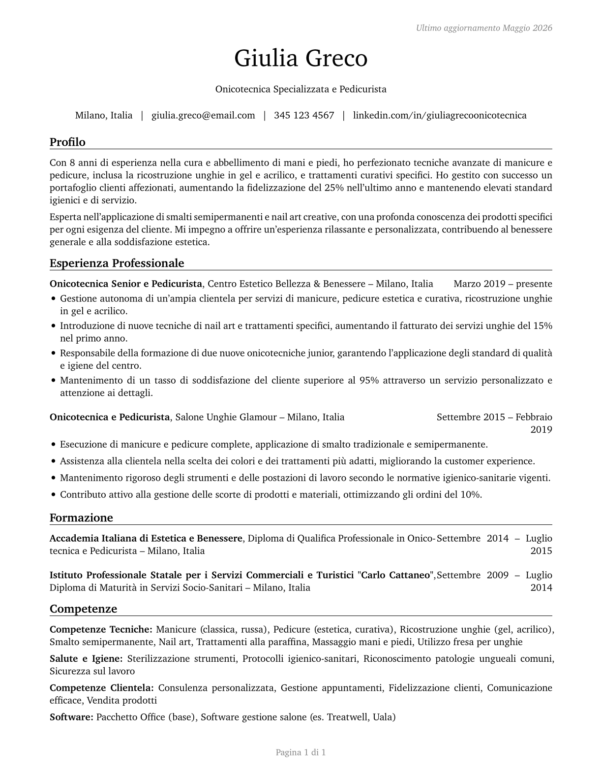 Manicurists and Pedicurists CV in Italian — page 1