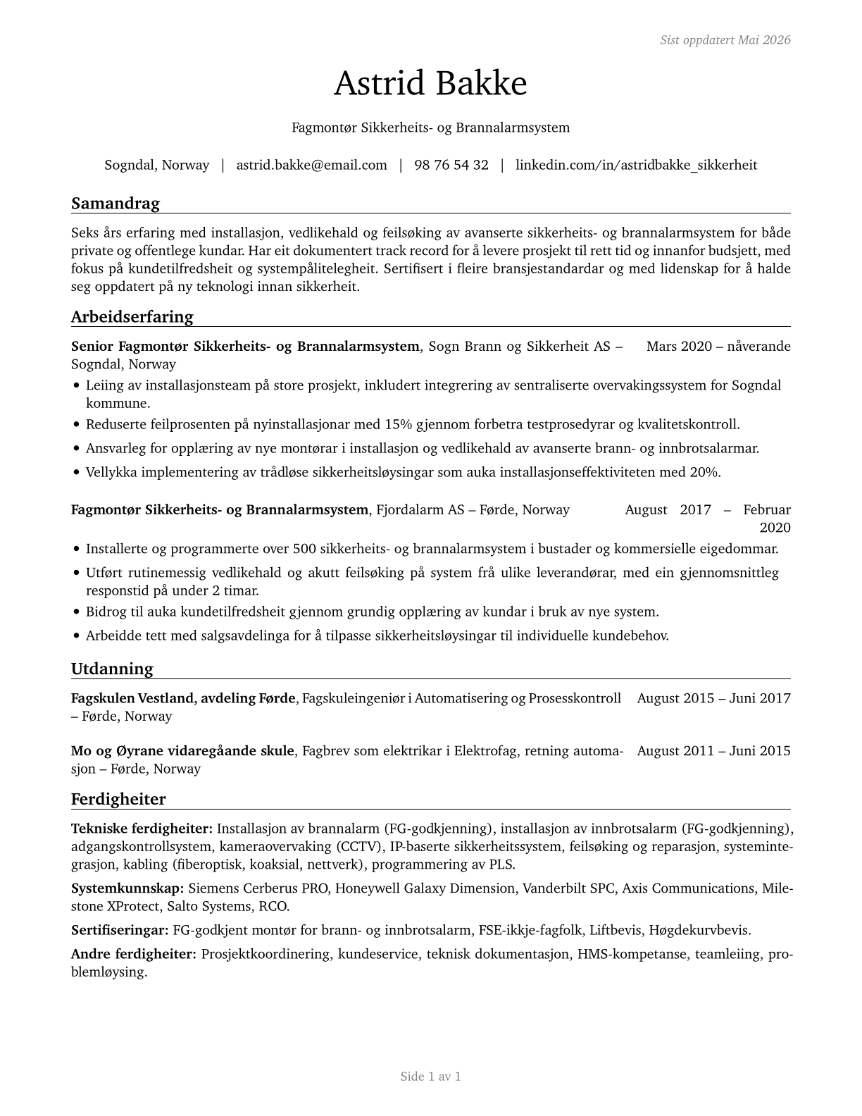 Security and Fire Alarm Systems Installers CV in Norwegian_nynorsk — page 1