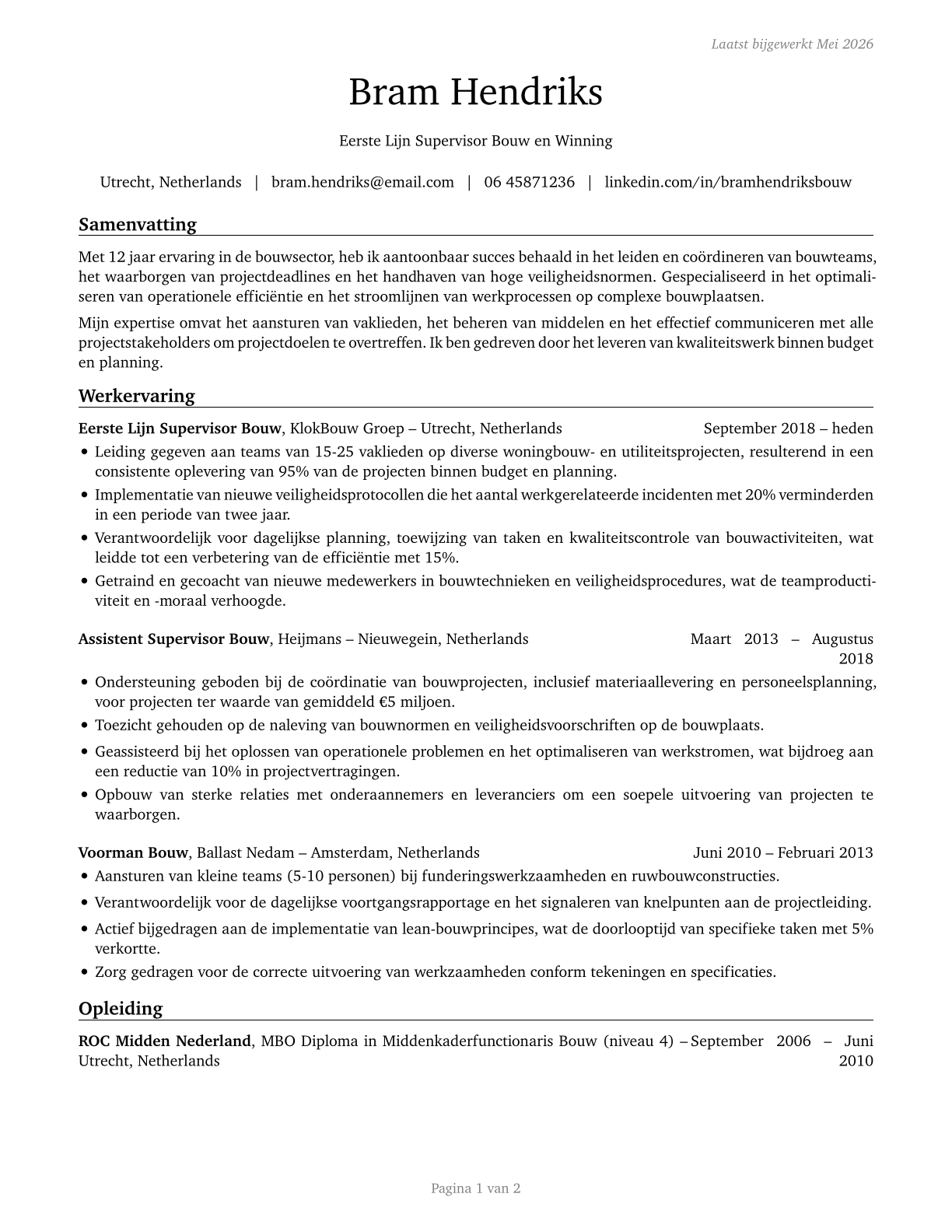 First-Line Supervisors of Construction Trades and Extraction Workers CV in Dutch — page 1