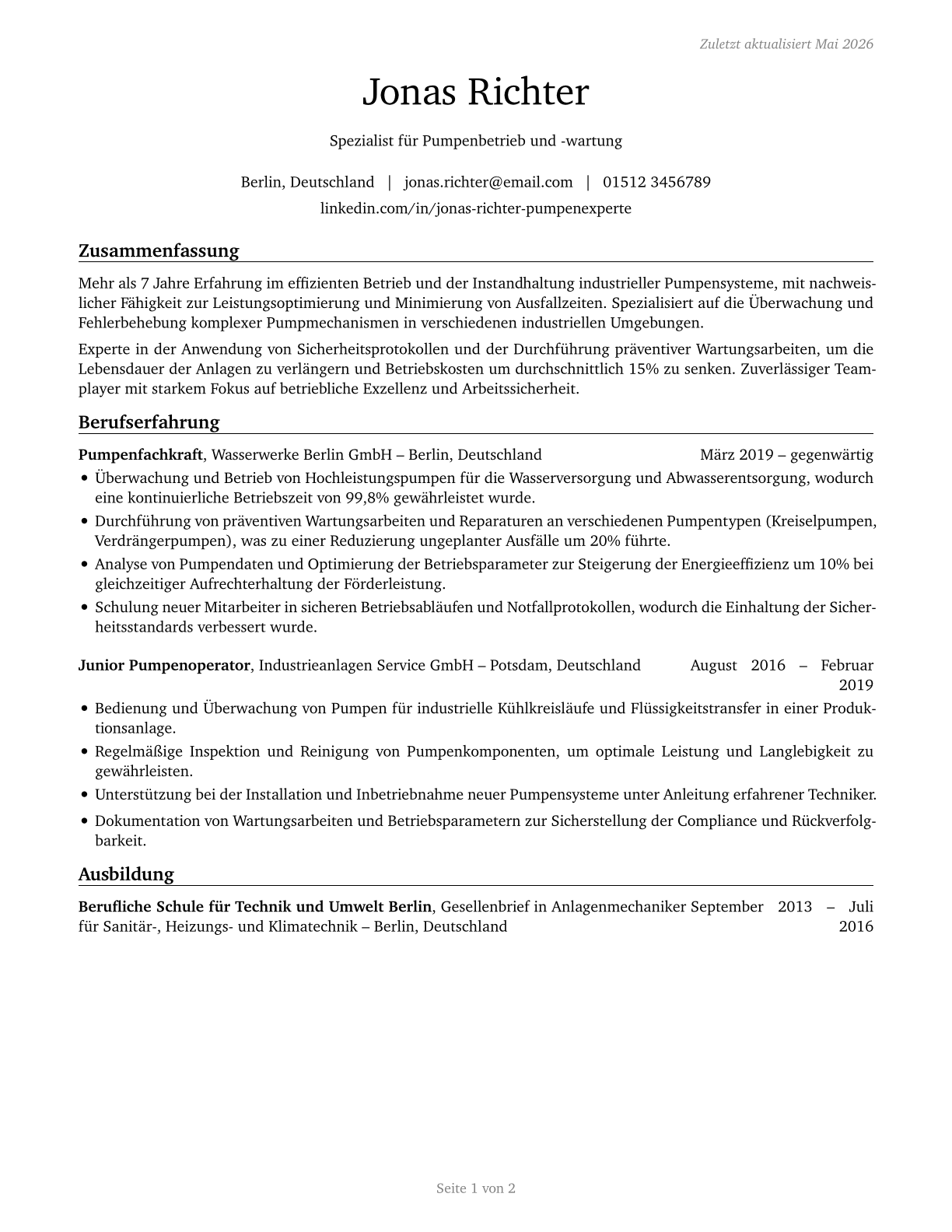 Pump Operators, Except Wellhead Pumpers CV in German — page 1