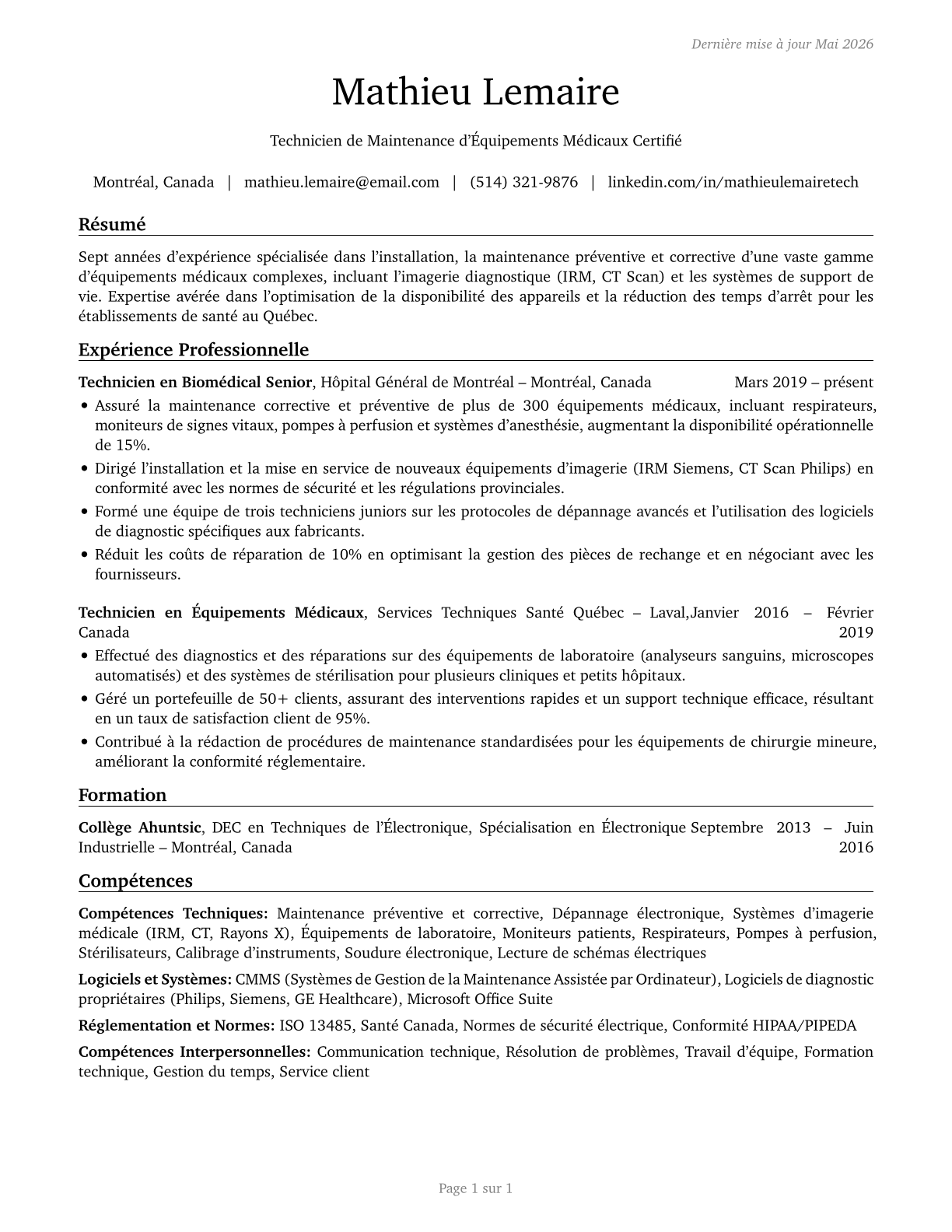Medical Equipment Repairers CV in French — page 1