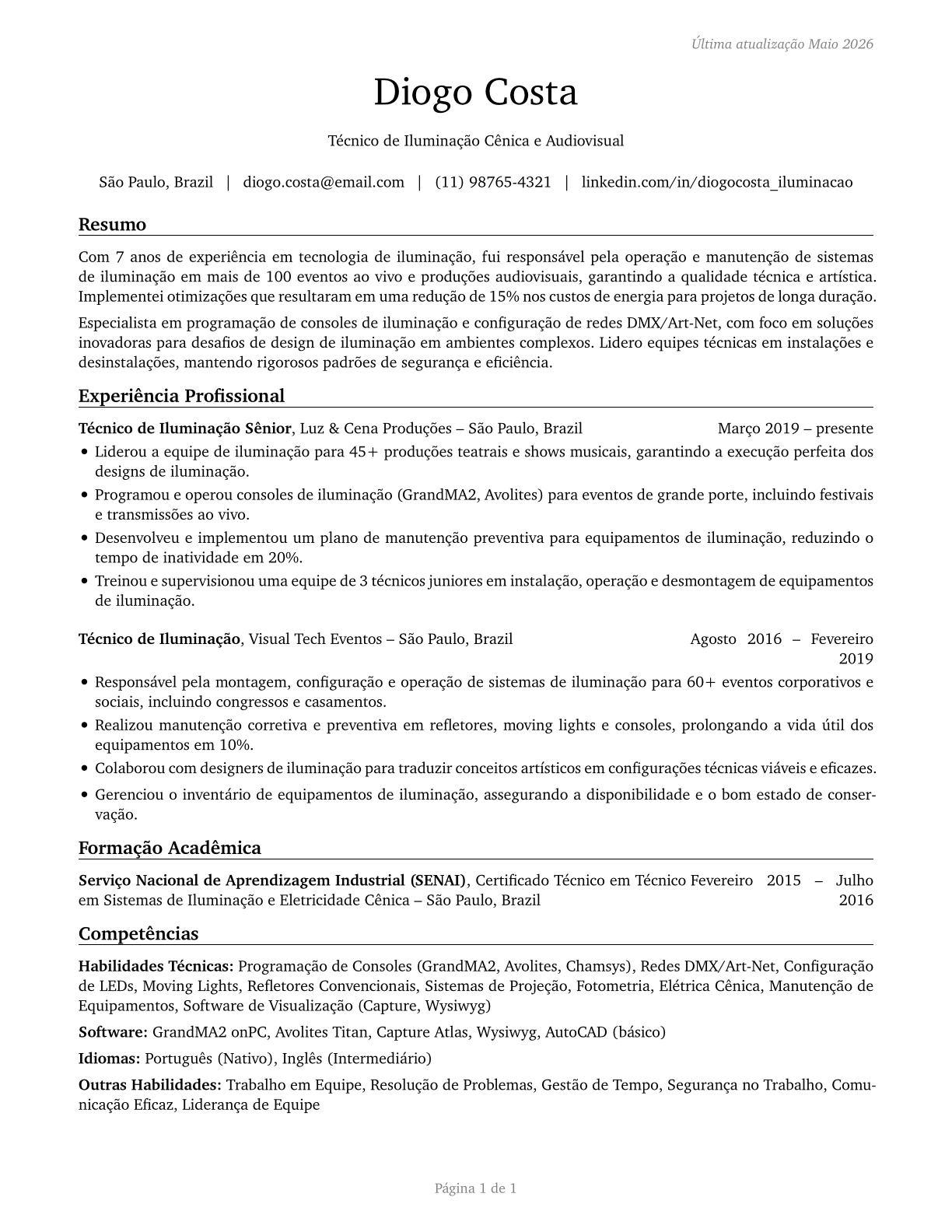 Lighting Technicians CV in Portuguese — page 1