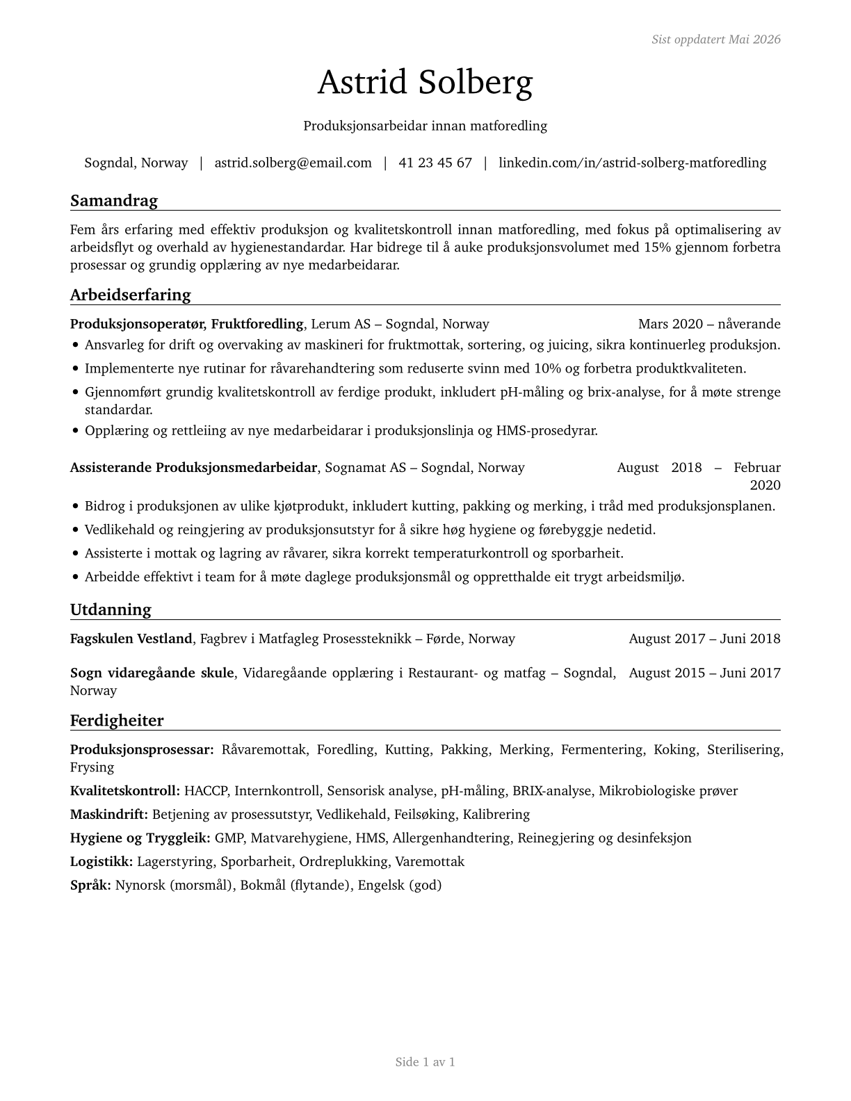 Food Processing Workers, All Other CV in Norwegian_nynorsk — page 1