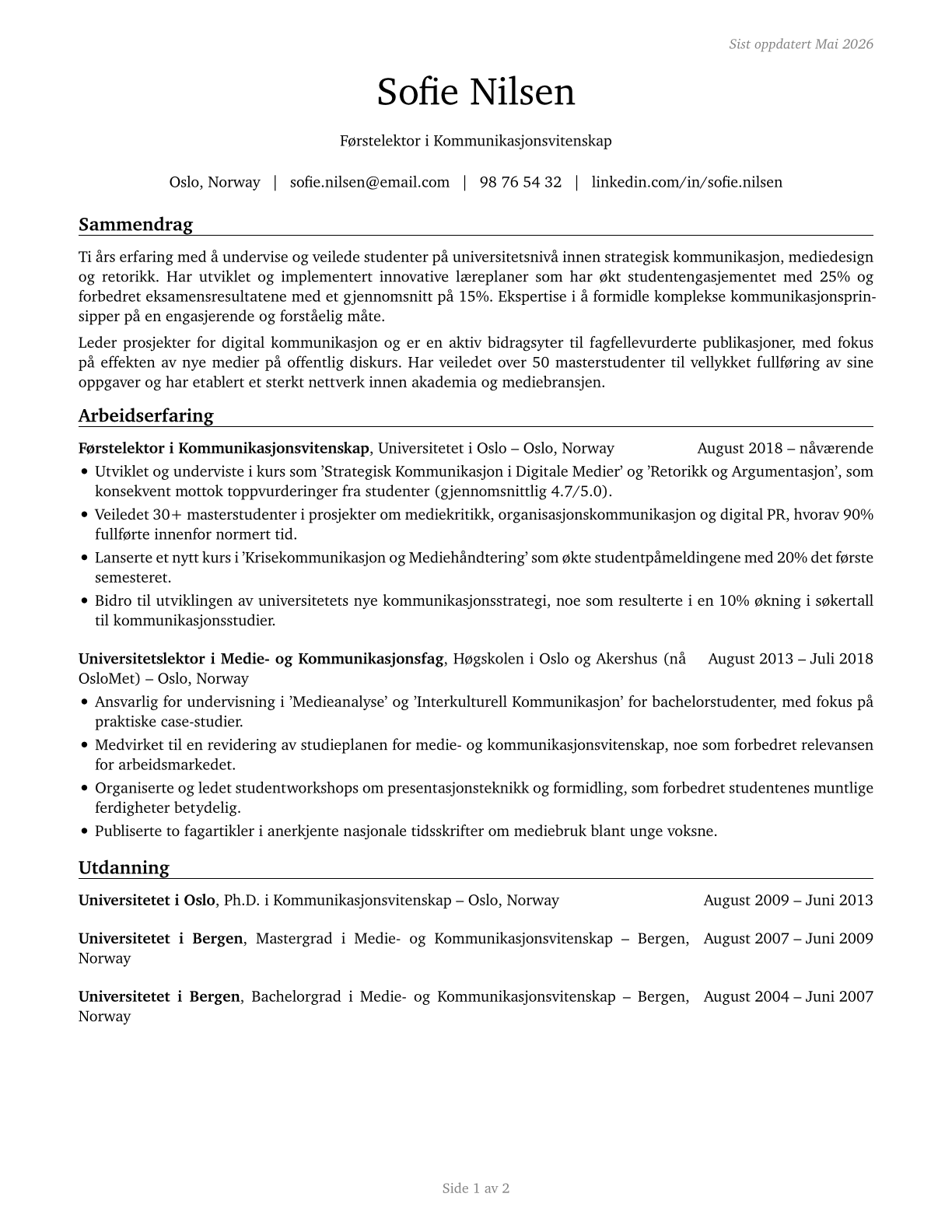 Communications Teachers, Postsecondary CV in Norwegian_bokmal — page 1