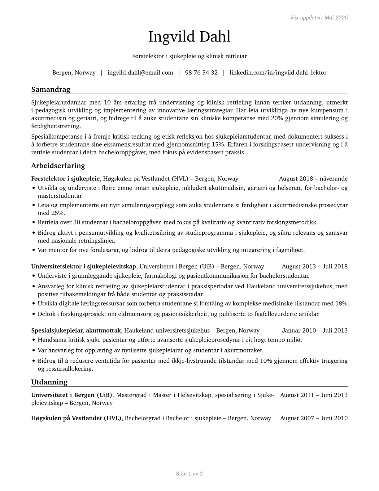 Nursing Instructors and Teachers, Postsecondary CV in Norwegian_nynorsk — page 1