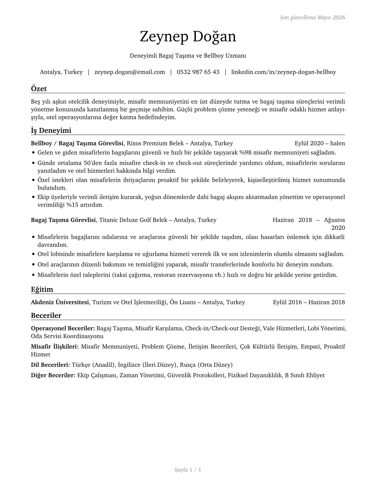 Baggage Porters and Bellhops CV in Turkish — page 1
