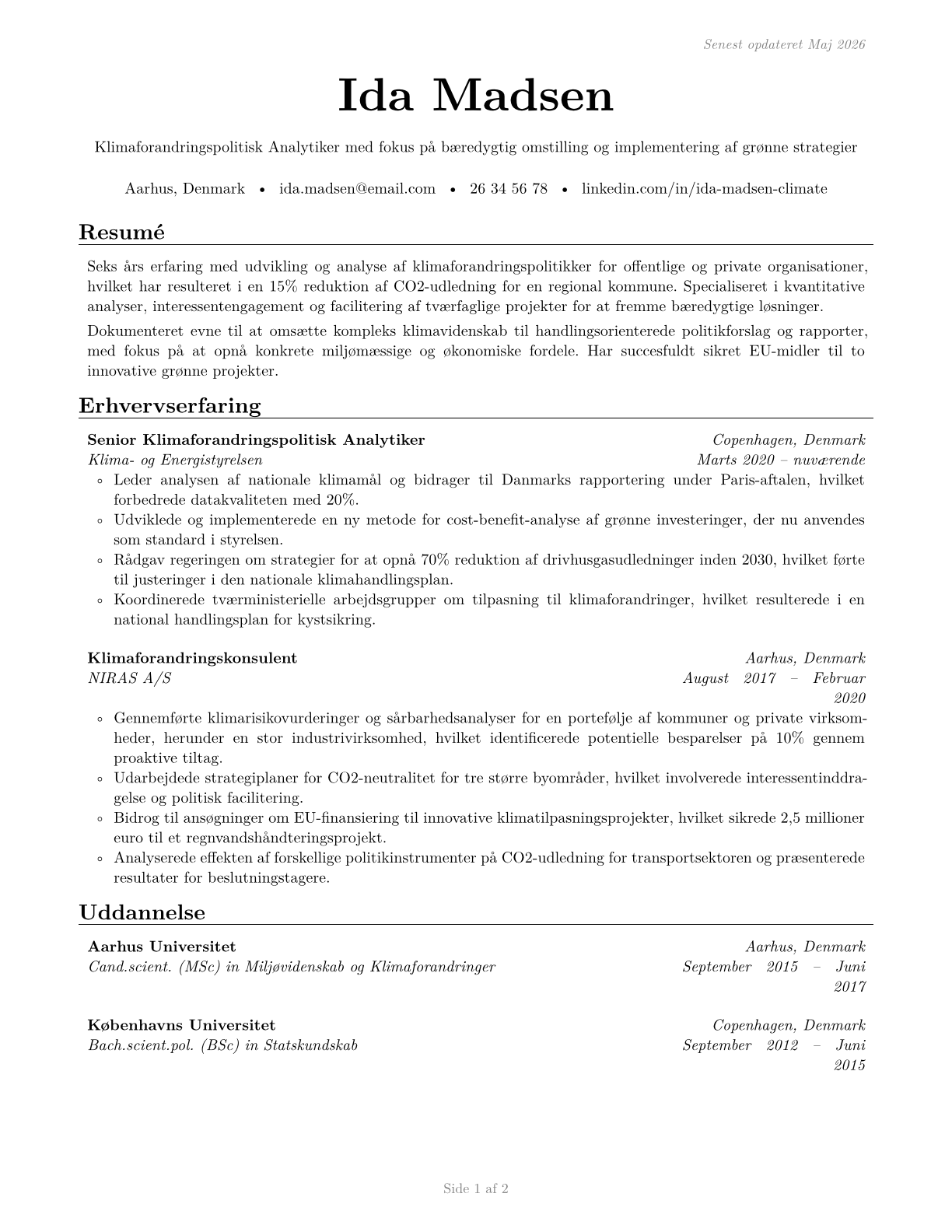 Climate Change Policy Analysts CV in Danish — page 1