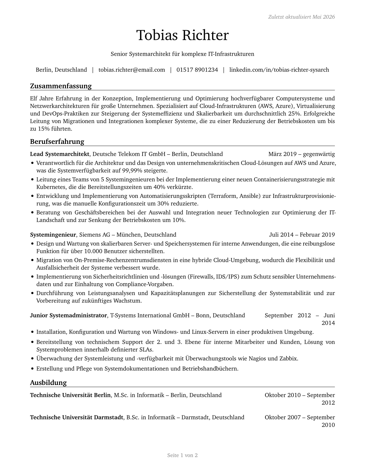 Computer Systems Engineers/Architects CV in German — page 1