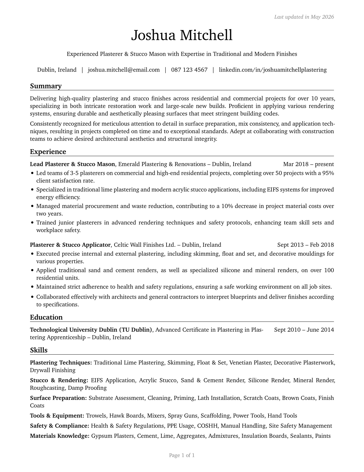 Plasterers and Stucco Masons CV in English — page 1