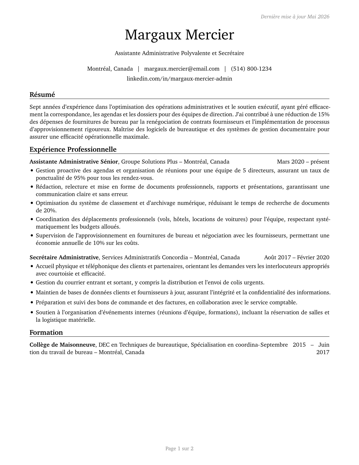 Secretaries and Administrative Assistants, Except Legal, Medical, and Executive CV in French — page 1