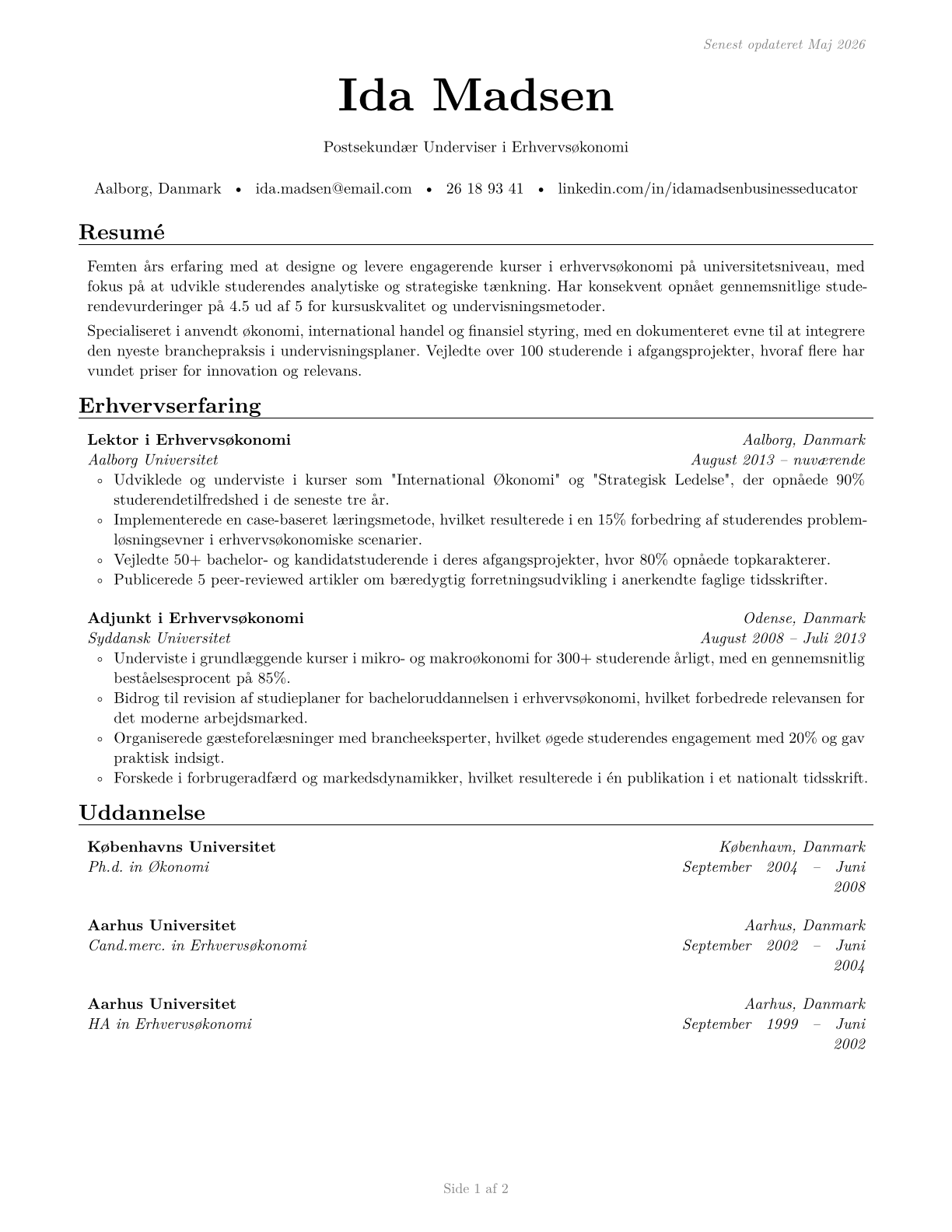 Business Teachers, Postsecondary CV in Danish — page 1