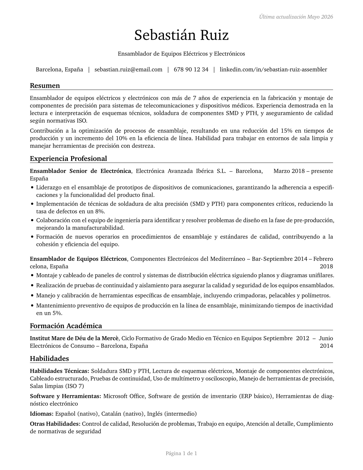Electrical and Electronic Equipment Assemblers CV in Spanish — page 1