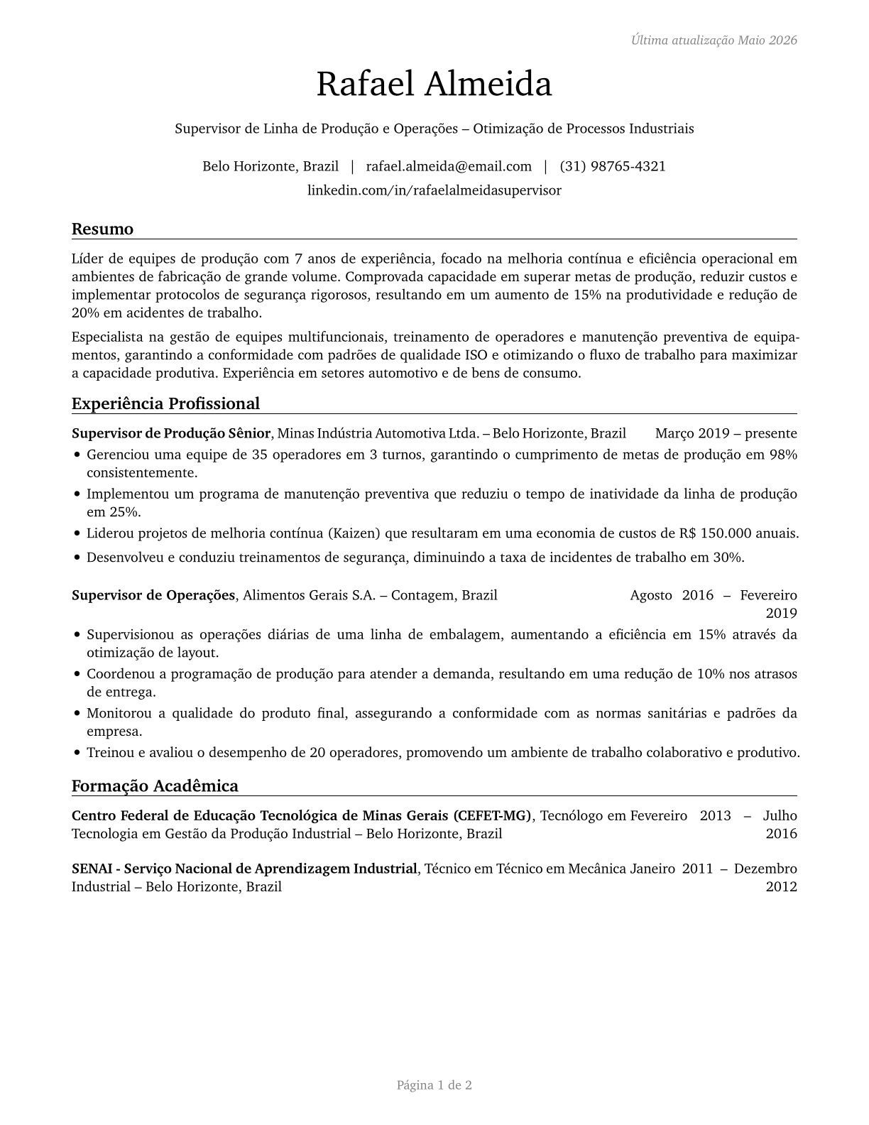 First-Line Supervisors of Production and Operating Workers CV in Portuguese — page 1