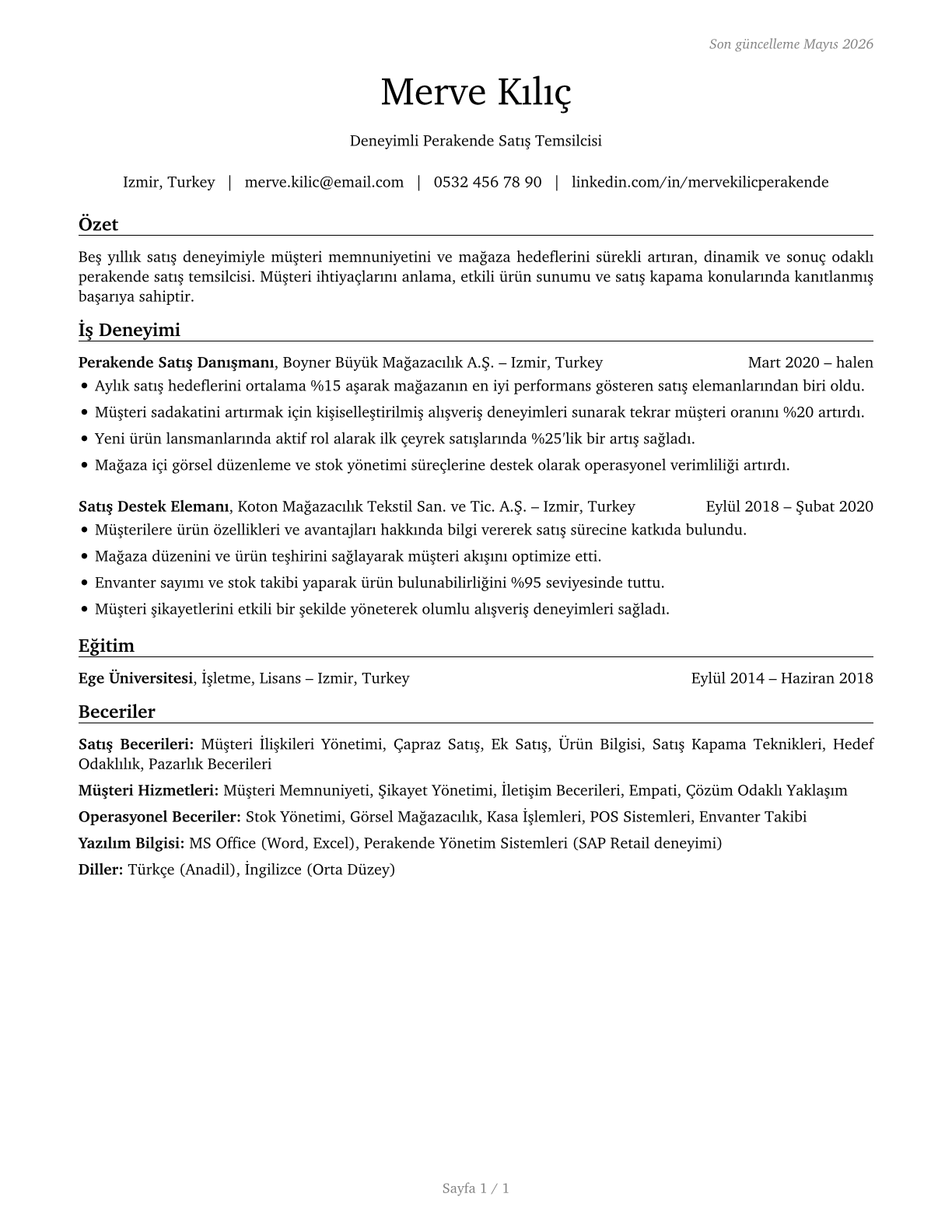 Retail Salespersons CV in Turkish — page 1
