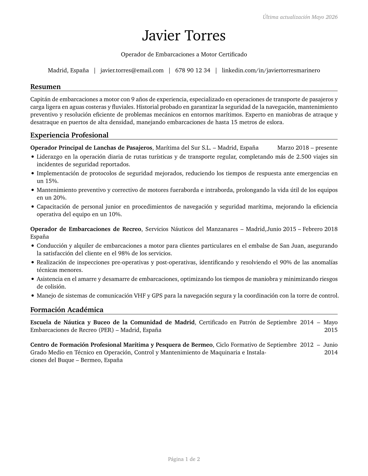 Motorboat Operators CV in Spanish — page 1