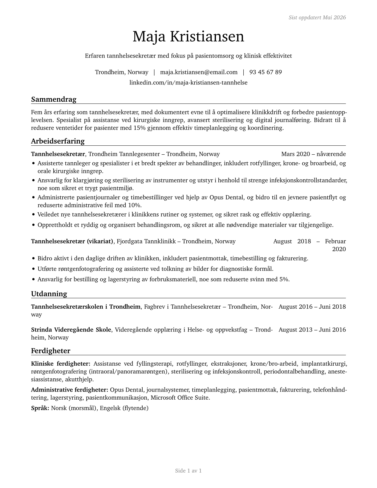 Dental Assistants CV in Norwegian_bokmal — page 1